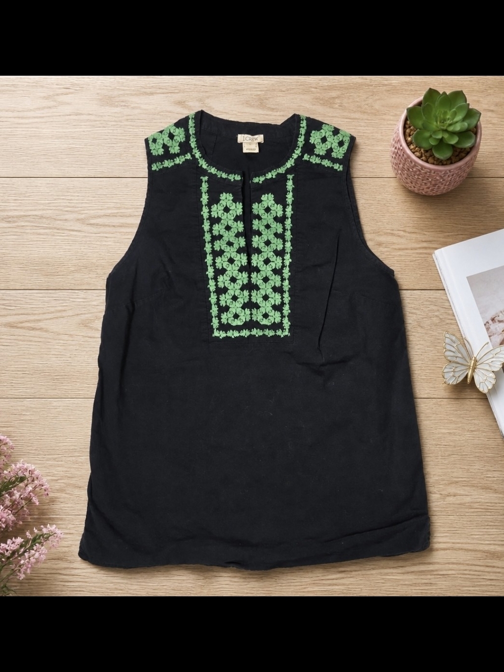 J.Crew Black Embroidered Sleeveless Top Green Floral Boho Blouse Women's Size 2